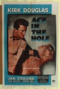 3f016 ACE IN THE HOLE 1sh '51 Billy Wilder classic, close up of Kirk Douglas choking Jan Sterling!