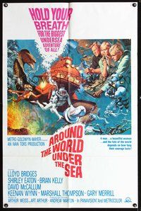 3f046 AROUND THE WORLD UNDER THE SEA one-sheet '66 Lloyd Bridges, great scuba diving fantasy art!