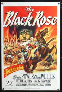 3f097 BLACK ROSE one-sheet poster '50 great fiery action artwork of Tyrone Power & Orson Welles!