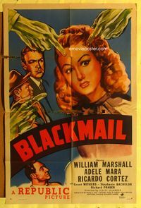 3f104 BLACKMAIL one-sheet movie poster '47 cool film noir art of green hands pointing at Adele Mara!