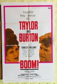 3f119 BOOM one-sheet poster '68 Elizabeth Taylor & Richard Burton devour life, Tennessee Williams