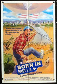 3f121 BORN IN EAST L.A. 1sh '87 great artwork of Cheech Marin crossing the border