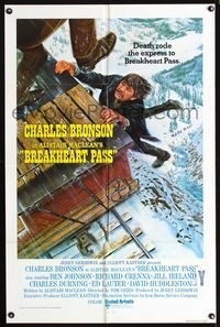 3f129 BREAKHEART PASS int'l one-sheet '76 Charles Bronson holds on for dear life, Alistair Maclean!