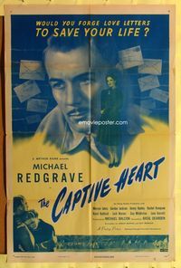 3f169 CAPTIVE HEART one-sheet movie poster '47 Michael Redgrave, Mervyn Johns, WWII!