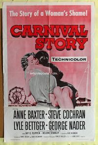 3f173 CARNIVAL STORY one-sheet movie poster R60 sexy Anne Baxter held by Steve Cochran!