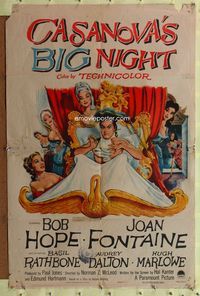 3f180 CASANOVA'S BIG NIGHT one-sheet movie poster '54 wacky art of Casanova Bob Hope, Joan Fontaine!