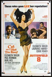 3f187 CAT ON A HOT TIN ROOF/BUTTERFIELD 8 1sheet '66 art of super sexy Elizabeth Taylor in nightie!