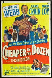 3f198 CHEAPER BY THE DOZEN one-sheet '50 art of Clifton Webb holding baby w/kids in background!
