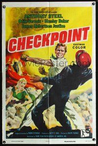 3f199 CHECKPOINT style A one-sheet '57 English car racing, art of tough Anthony Steel in fistfight!