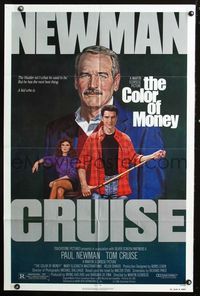 3f218 COLOR OF MONEY 1sheet '86 Robert Tanenbaum artwork of Paul Newman & Tom Cruise playing pool!