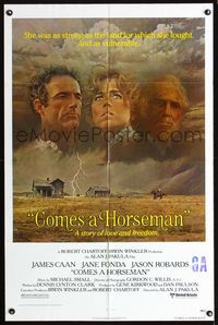 3f223 COMES A HORSEMAN one-sheet '78 cool art of James Caan, Jane Fonda & Jason Robards in the sky!