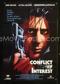3f226 CONFLICT OF INTEREST video one-sheet poster '93 Judd Nelson w/gun & super sexy Alyssa Milano!