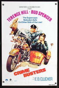 3f241 CRIME BUSTERS int'l 1sh '76 great art of cops Terence Hill & Bud Spencer on motorcycle!