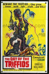 3f253 DAY OF THE TRIFFIDS 1sheet '62 classic English sci-fi horror, cool art of monster with girl!