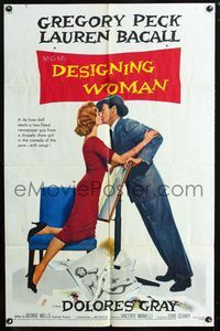 3f267 DESIGNING WOMAN style A one-sheet '57 great image of kissing Gregory Peck & Lauren Bacall!