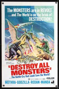 3f268 DESTROY ALL MONSTERS one-sheet '69 Kaiju Soshingeki, Godzilla, Mothra, cool monster artwork!