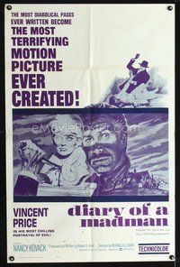 3f273 DIARY OF A MADMAN one-sheet poster '63 Vincent Price in his most chilling portrayal of evil!