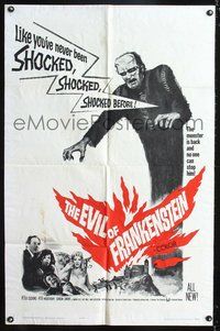 3f305 EVIL OF FRANKENSTEIN one-sheet '64 Peter Cushing, Hammer, he's back and no one can stop him!