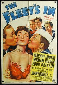 3f336 FLEET'S IN one-sheet '42 great art of Dorothy Lamour being smooched by Holden & Bracken!