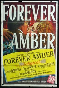 3f342 FOREVER AMBER one-sheet '47 sexy Linda Darnell, Cornel Wilde, directed by Otto Preminger!