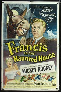 3f347 FRANCIS IN THE HAUNTED HOUSE 1sheet '56 wacky art of Mickey Rooney w/Francis the talking mule!