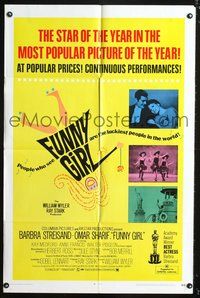 3f353 FUNNY GIRL one-sheet movie poster '69 Barbra Streisand, Omar Sharif, William Wyler
