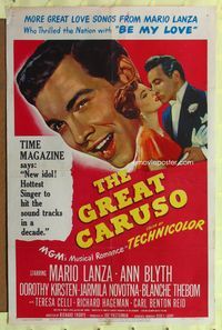 3f381 GREAT CARUSO one-sheet '51 huge close up headshot of Mario Lanza & with pretty Ann Blyth!
