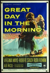 3f383 GREAT DAY IN THE MORNING one-sheet '56 art of Robert Stack with two guns & sexy Virginia Mayo!
