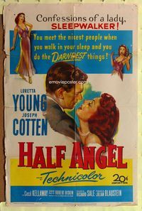 3f406 HALF ANGEL one-sheet poster '51 Loretta Young, Joe Cotten, Confessions of a lady sleepwalker!