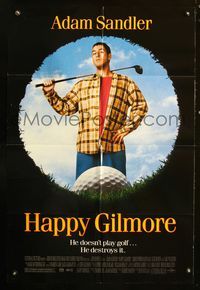 3f409 HAPPY GILMORE DS one-sheet '96 great image of Adam Sandler, he doesn't play, he destroys golf!
