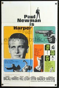 3f414 HARPER one-sheet poster '66 Paul Newman has many fights, sexy Pamela Tiffin, cool design!