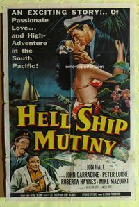 3f424 HELL SHIP MUTINY one-sheet poster '57 Jon Hall kisses bikini babe, John Carradine, Peter Lorre