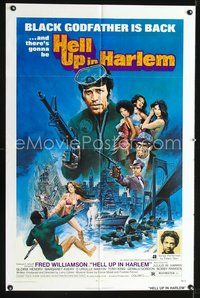 3f425 HELL UP IN HARLEM one-sheet poster '74 Fred Williamson, cool blaxpoitation G. Akimoto art!