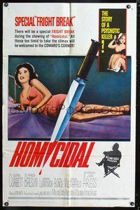 3f440 HOMICIDAL 1sh '61 William Castle's story of a psychotic killer, cool knife & sexy girl image!