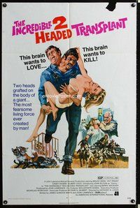 3f475 INCREDIBLE 2 HEADED TRANSPLANT one-sheet '71 one brain wants to love, the other wants to kill!
