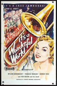 3f492 IT'S A WONDERFUL WORLD one-sheet '56 pretty Mylene Demongeot, really cool jazz trombone art!