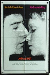 3f514 JOHN & MARY one-sheet poster '69 super close image of Dustin Hoffman about to kiss Mia Farrow!