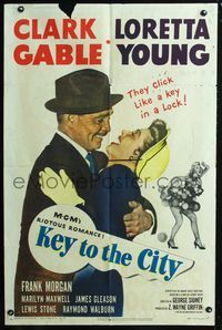 3f530 KEY TO THE CITY one-sheet poster '50 Clark Gable & Loretta Young click like a key in a lock!