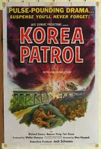 3f545 KOREA PATROL 1sheet '51 cool Korean War artwork of soldiers watching tank & bridge blown up!