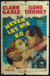 3f679 NEVER LET ME GO one-sheet '53 romantic close up artwork of Clark Gable & sexy Gene Tierney!