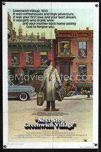 3f683 NEXT STOP GREENWICH VILLAGE style B 1sheet '76 cool art of Lenny Baker in New York by Lettick!