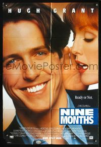 3f688 NINE MONTHS DS style A advance one-sheet '95 sexy Julianne Moore whispers to Hugh Grant!