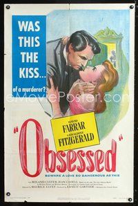 3f694 OBSESSED one-sheet movie poster '51 romantic art of David Farrar & Geraldine Fitzgerald!