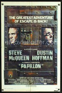 3f721 PAPILLON one-sheet movie poster R77 great art of Steve McQueen & Dustin Hoffman!
