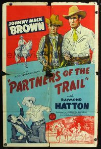 3f724 PARTNERS OF THE TRAIL one-sheet R44 cool art of cowboys Johnny Mack Brown, Raymond Hatton!
