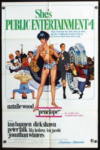 3f729 PENELOPE one-sheet poster '66 sexiest artwork of Natalie Wood with big money bags and gun!