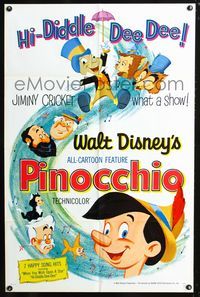 3f741 PINOCCHIO one-sheet movie poster R62 Walt Disney classic fantasy cartoon, art of cast!