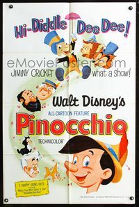 3f742 PINOCCHIO one-sheet movie poster R71 Walt Disney classic fantasy cartoon, Jiminy Cricket!