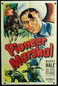 3f744 PIONEER MARSHAL one-sheet poster '49 great huge close up artwork of smiling cowboy Monte Hale!