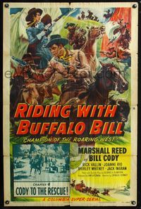 3f778 RIDING WITH BUFFALO BILL Chap 4 1sheet '54 serial, cool western artwork, Cody to the Rescue!